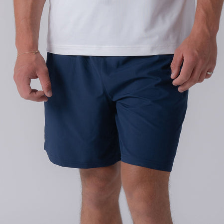 Close up image of a pair of JOOLA Men's Woven Shorts, 7 inch inseam, Navy.