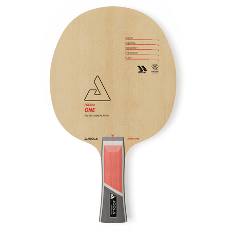 JOOLA Table tennis blade with wooden blade and red and black handle on a white background.