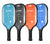 White background, angled product image of four JOOLA Trainer pickleball paddles. Blue, Orange, Teal and Black.