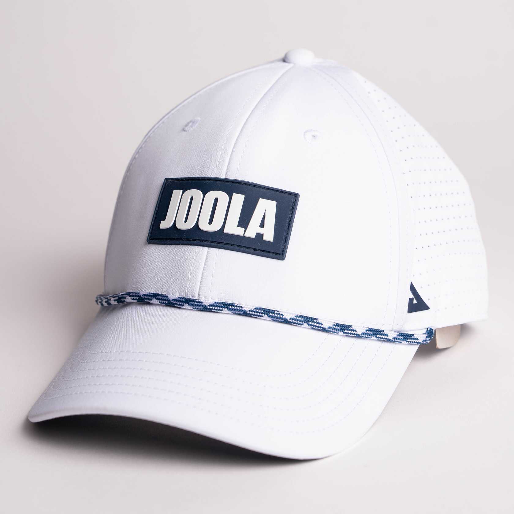 White background, product image of the JOOLA Rope Cap, white and blue.