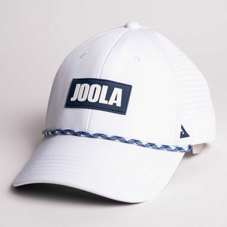 White background, product image of the JOOLA Rope Cap, white and blue.