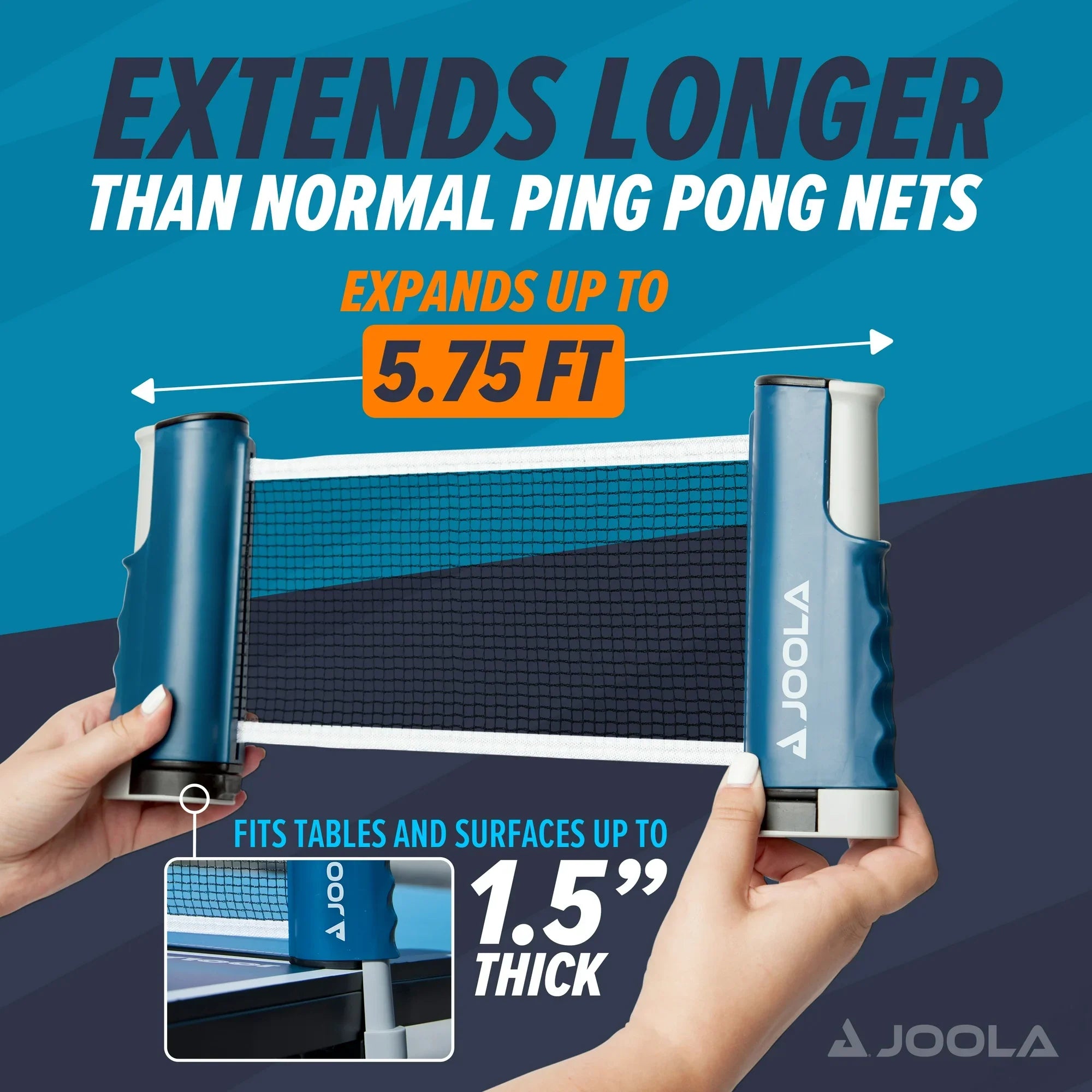 JOOLA table tennis net with text highlighting its extended length and compatibility with various table thicknesses.