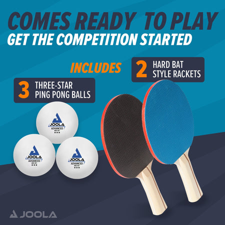 Table tennis set with two JOOLA rackets and three balls on a blue background, featuring JOOLA branding.