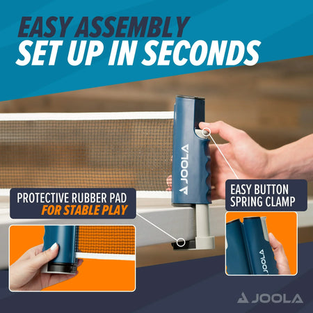 JOOLA table tennis net setup with text highlighting features and assembly ease.