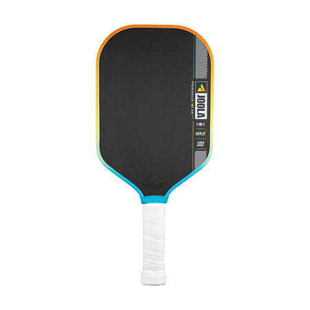 JOOLA Perseus Summer Daze Pickleball paddle with black surface, orange, blue, green and yellow color gradient on the rim, and white handle on a white background.