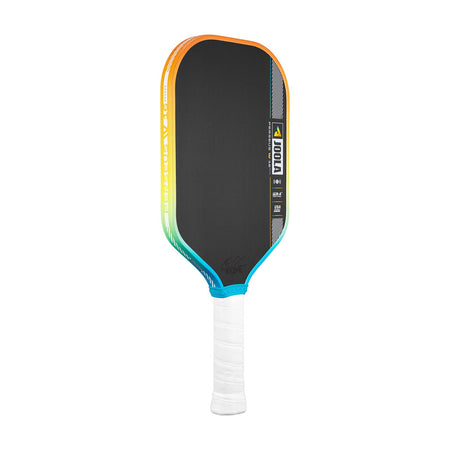 Angled view of the JOOLA Perseus Summer Daze Pickleball paddle with black surface, orange, blue, green and yellow color gradient on the rim, and white handle on a white background.