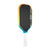 Angled view of the JOOLA Perseus Summer Daze Pickleball paddle with black surface, orange, blue, green and yellow color gradient on the rim, and white handle on a white background.