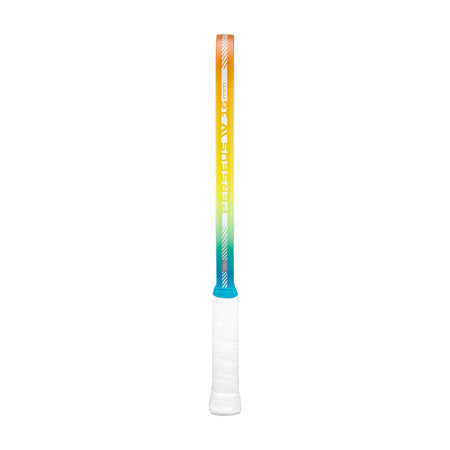 Side view of the edge gaurd on the  JOOLA Perseus Summer Daze Pickleball paddle with black surface, orange, blue, green and yellow color gradient on the rim, and white handle on a white background.