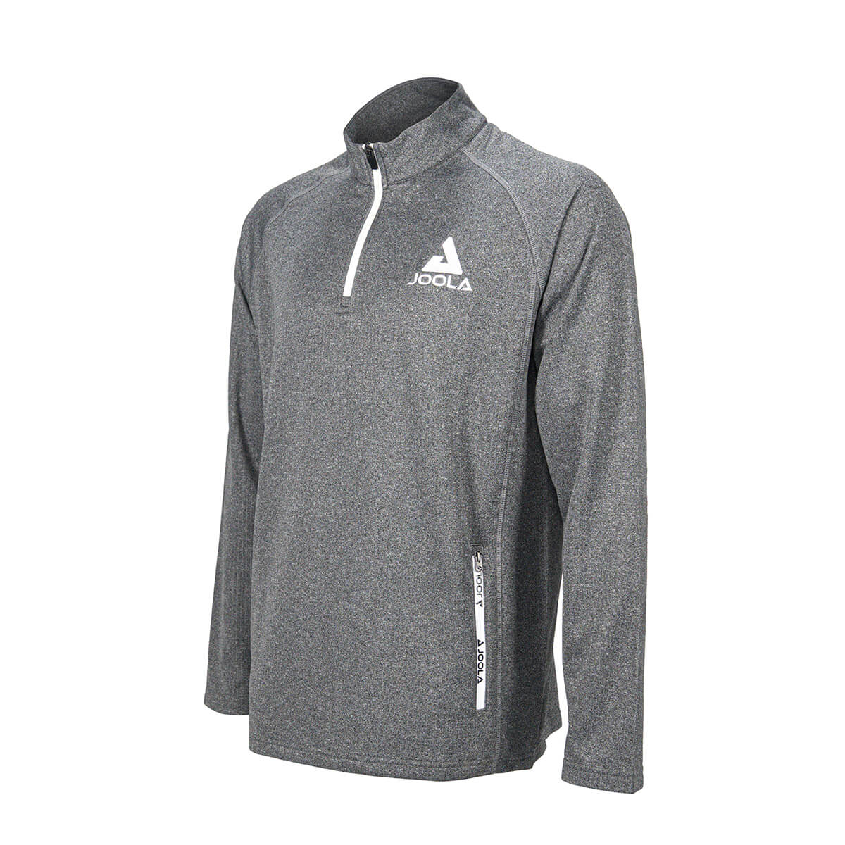 Product photo showing the front of the JOOLA Victory Quarter Zip Jacket in Grey at an angle #Grey