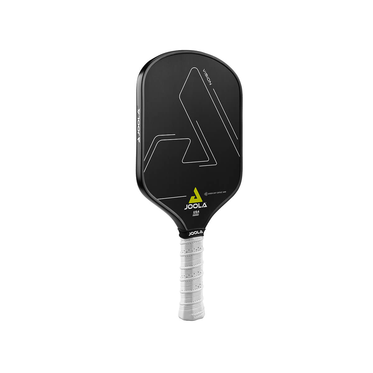 White Background Image: Product image of the JOOLA Vision CGS 14 mm Pickleball Paddle. Black paddle surface.