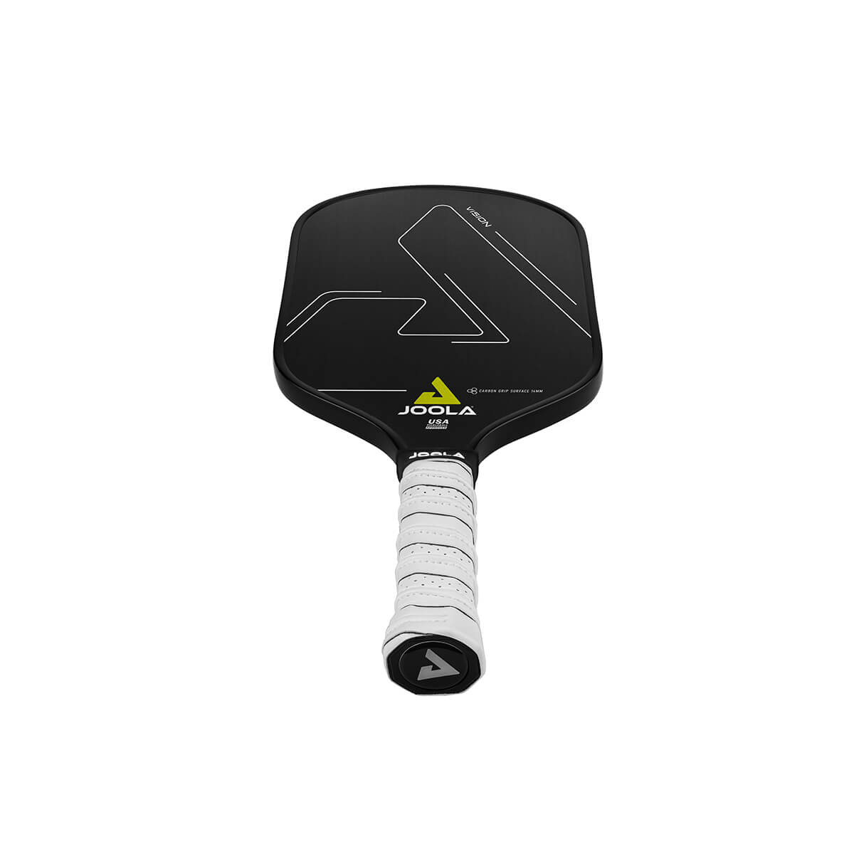 White Background Image: Product image of the JOOLA Vision CGS 14 mm Pickleball Paddle. Black paddle surface.