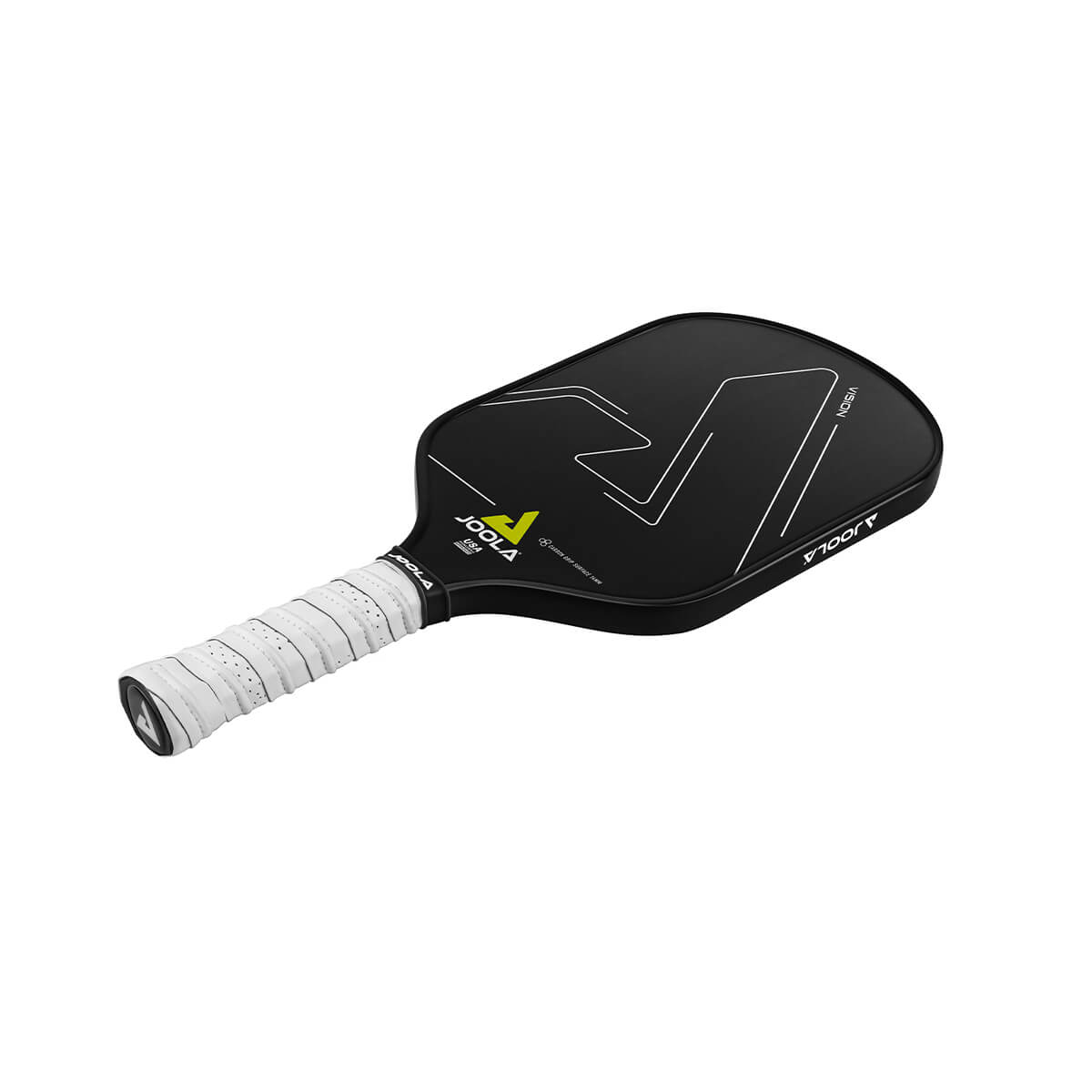 White Background Image: Product image of the JOOLA Vision CGS 14 mm Pickleball Paddle. Black paddle surface.