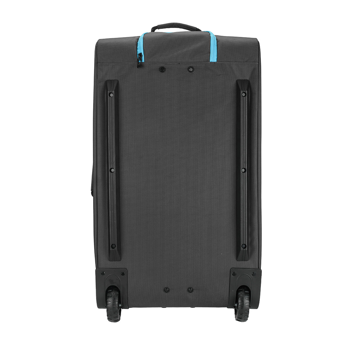 White Background Image: Black colored vision suitcase. Light blue zipper area, wheels.