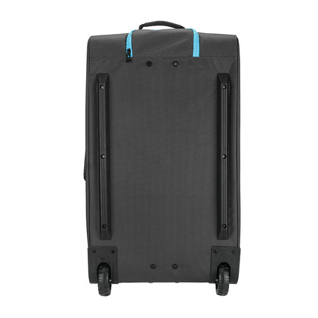 White Background Image: Black colored vision suitcase. Light blue zipper area, wheels.