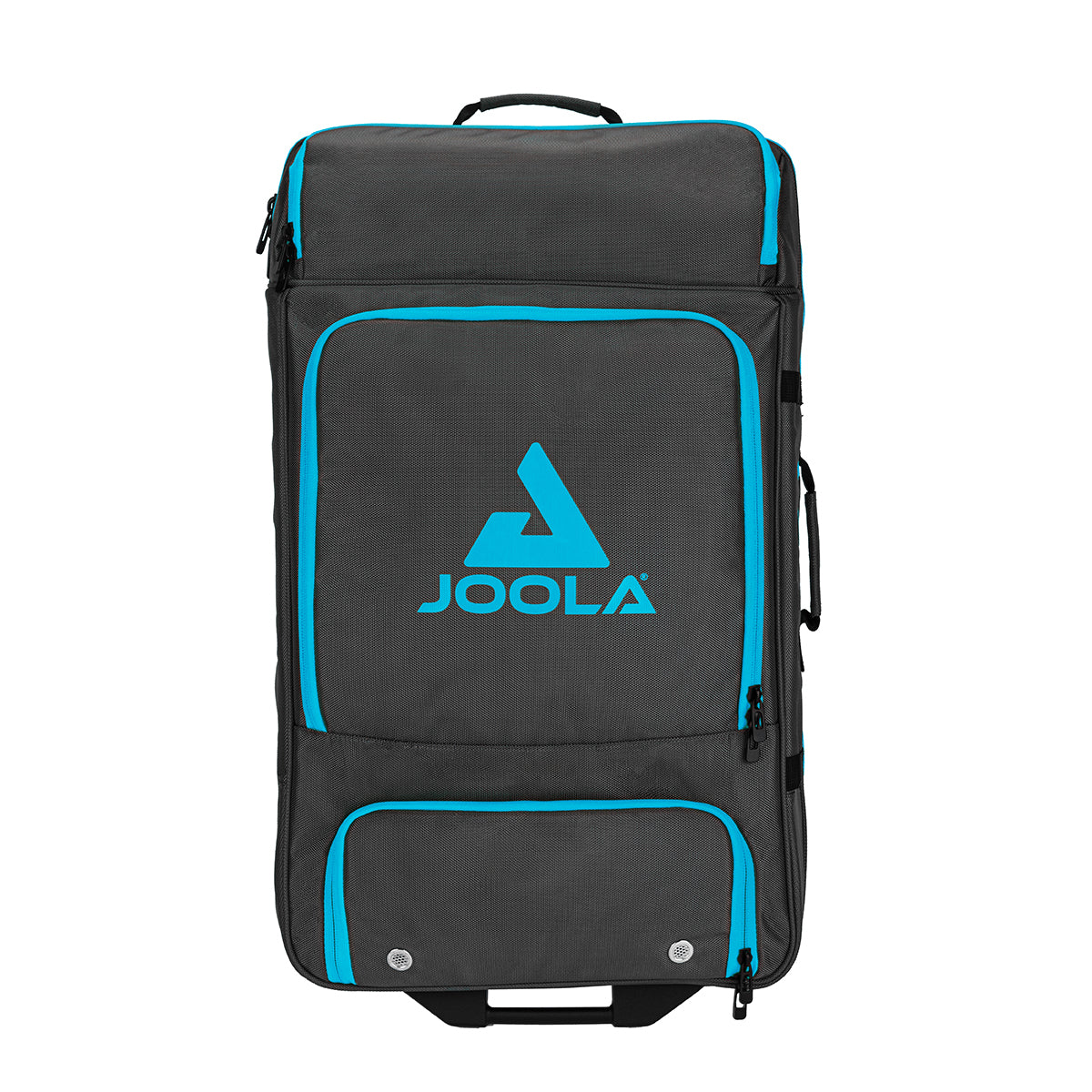White Background Image: Black colored vision suitcase with light blue JOOLA logo and lettering, zippers and handles on top, bottom and right side.
