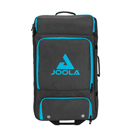 White Background Image: Black colored vision suitcase with light blue JOOLA logo and lettering, zippers and handles on top, bottom and right side.