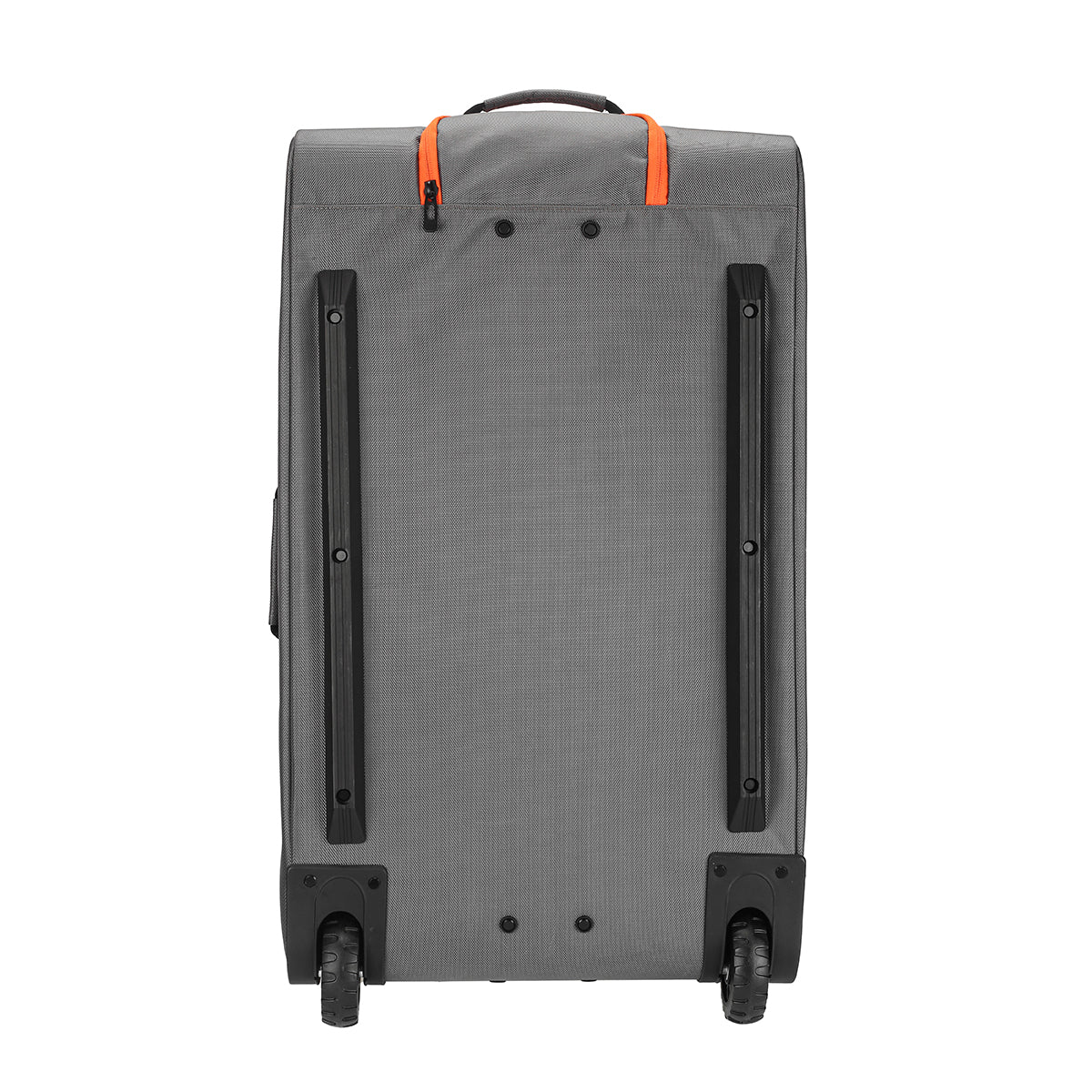 White Background Image: Charcoal colored vision suitcase. Orange zipper area, wheels.