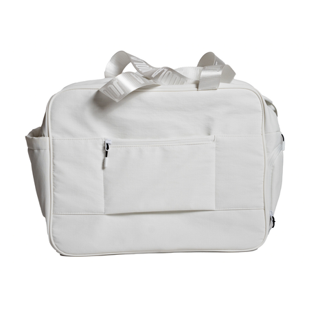 White duffel bag with a strap on a white background